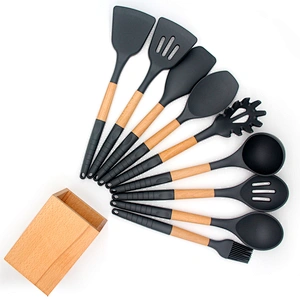 Amazon Hot Sale Silicone Utensil Set With Holder cozinha 9pcs Wooden Handle Silicone Cooking Tools Kitchen Accessories gadgets