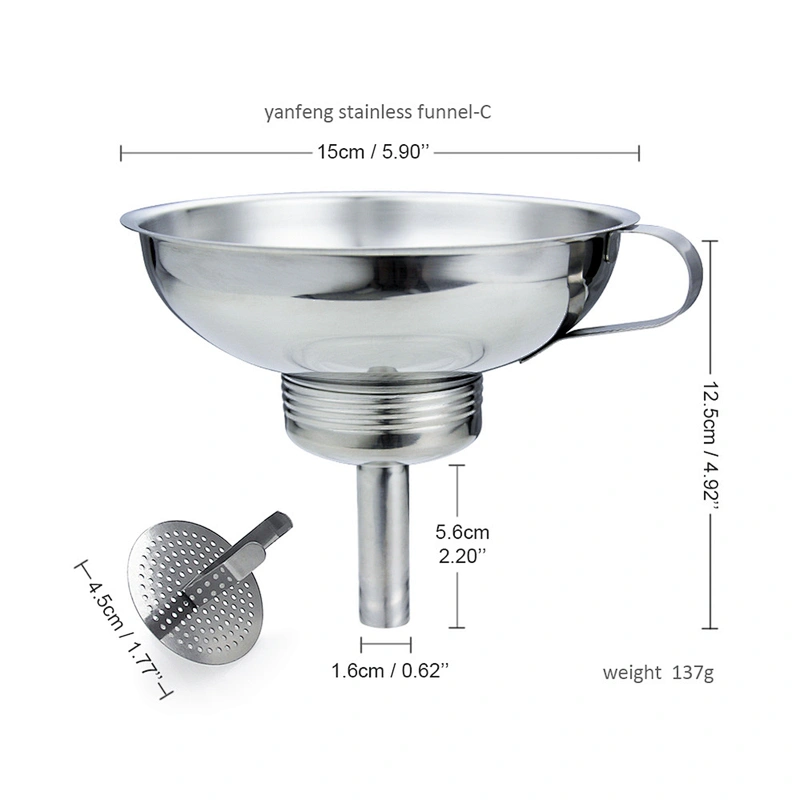 YF professional kitchen gadgets supplier 304 stainless steel funnel with removable strainer filter for home kitchen use