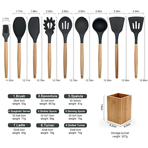 Hot Selling Durable Popular Style Eco-friendly 10 pieces Wooden Handles Cooking Tool Silicone Kitchen Utensil Set