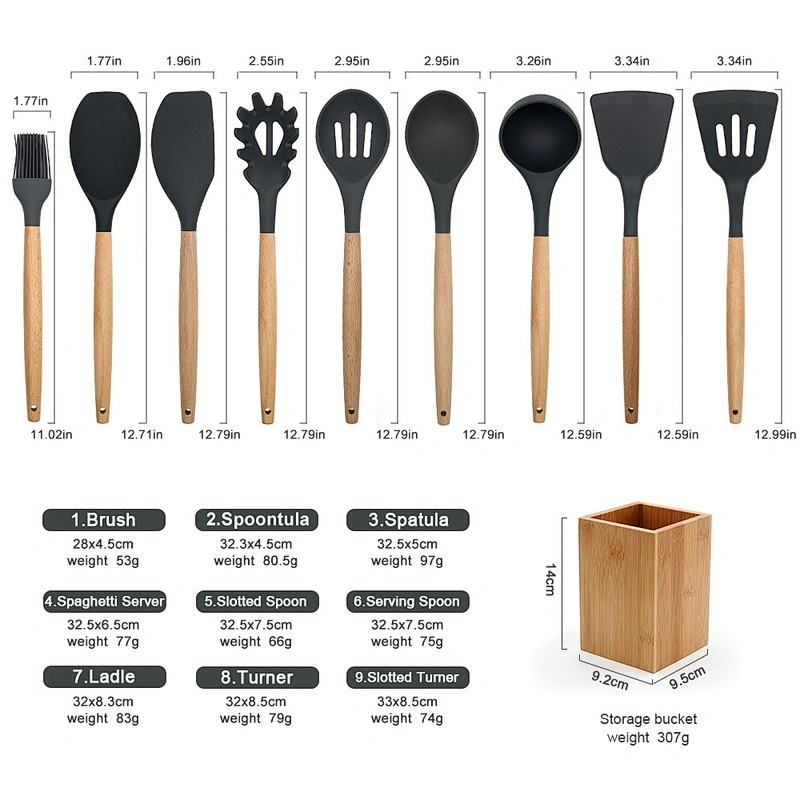 Hot Selling Durable Popular Style Eco-friendly 10 pieces Wooden Handles Cooking Tool Silicone Kitchen Utensil Set