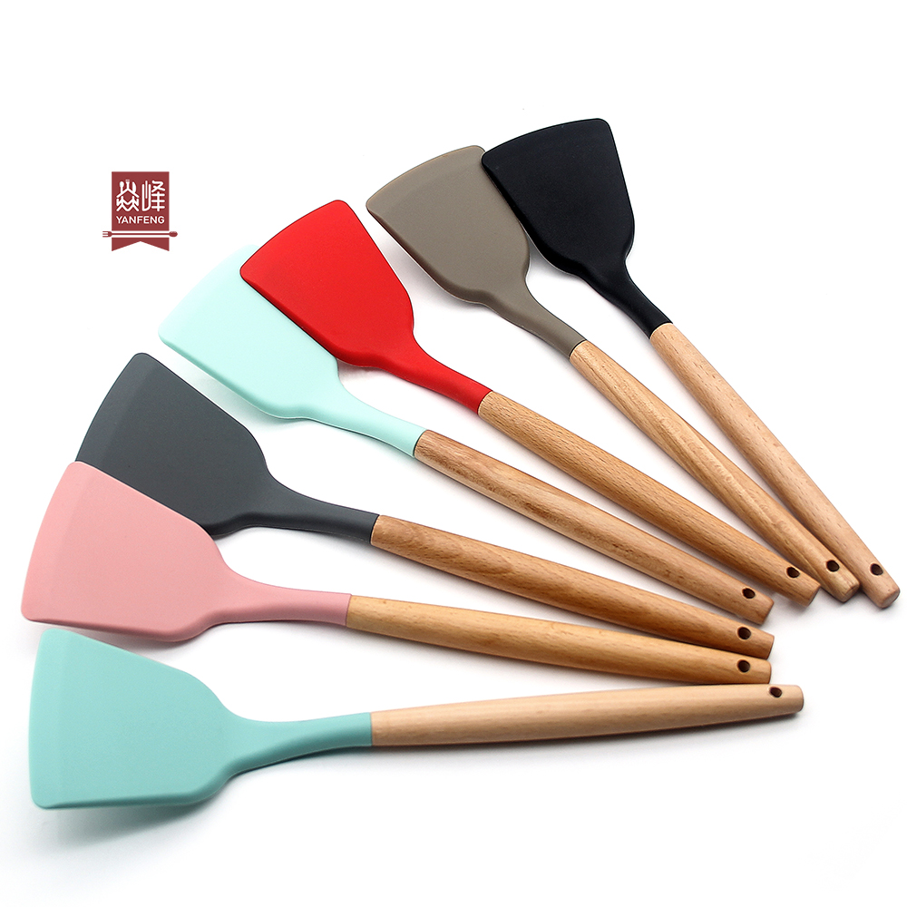 RTS OEM color ultra heat resistant up to 230C Kitchen silicone egg turner with beech handle