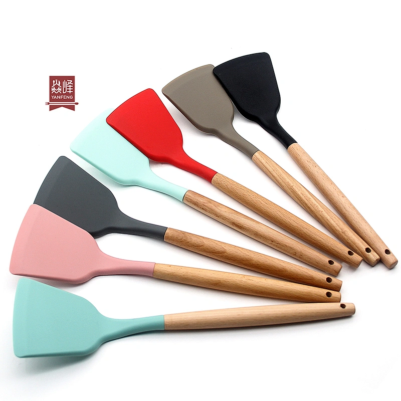 RTS OEM color ultra heat resistant up to 230C Kitchen silicone egg turner with beech handle