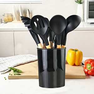 12pcs Wooden Handles Silicone Kitchen Accessories Cooking Spoon Tools Kitchenware Silicone Kitchen Utensils With Storage Holder