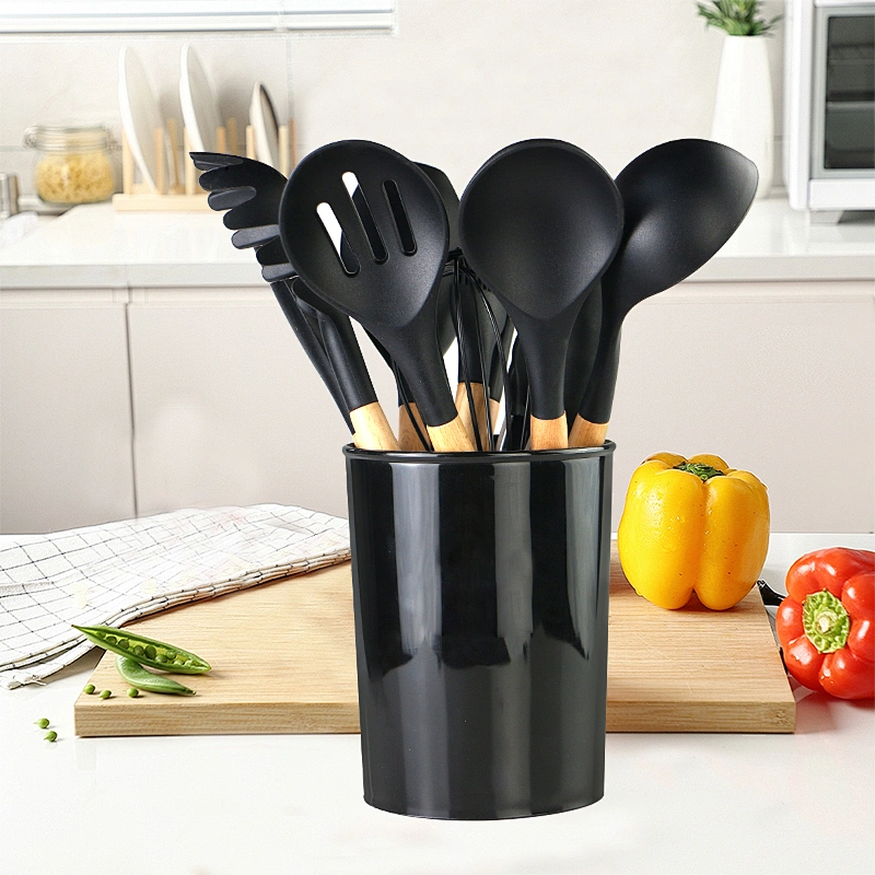 12pcs Wooden Handles Silicone Kitchen Accessories Cooking Spoon Tools Kitchenware Silicone Kitchen Utensils With Storage Holder