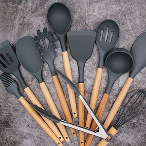 12pcs Wooden Handles Silicone Kitchen Accessories Cooking Spoon Tools Kitchenware Silicone Kitchen Utensils With Storage Holder