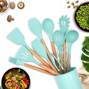 12pcs Wooden Handles Silicone Kitchen Accessories Cooking Spoon Tools Kitchenware Silicone Kitchen Utensils With Storage Holder