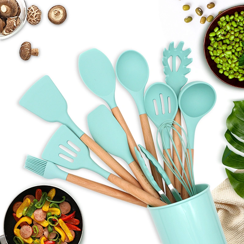12pcs Wooden Handles Silicone Kitchen Accessories Cooking Spoon Tools Kitchenware Silicone Kitchen Utensils With Storage Holder