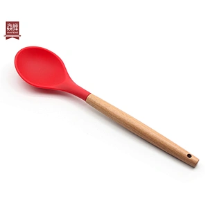 OEM color simple durable food grade Kitchen silicone serving spoon with beech handle