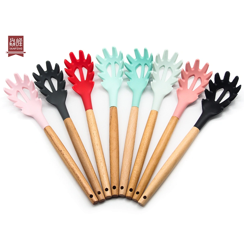 Kitchen Accessories Gadgets Tools Slotted Spaghetti Strainer Server Fork Spoon Silicone Pasta Spaghetti Server with wood handle