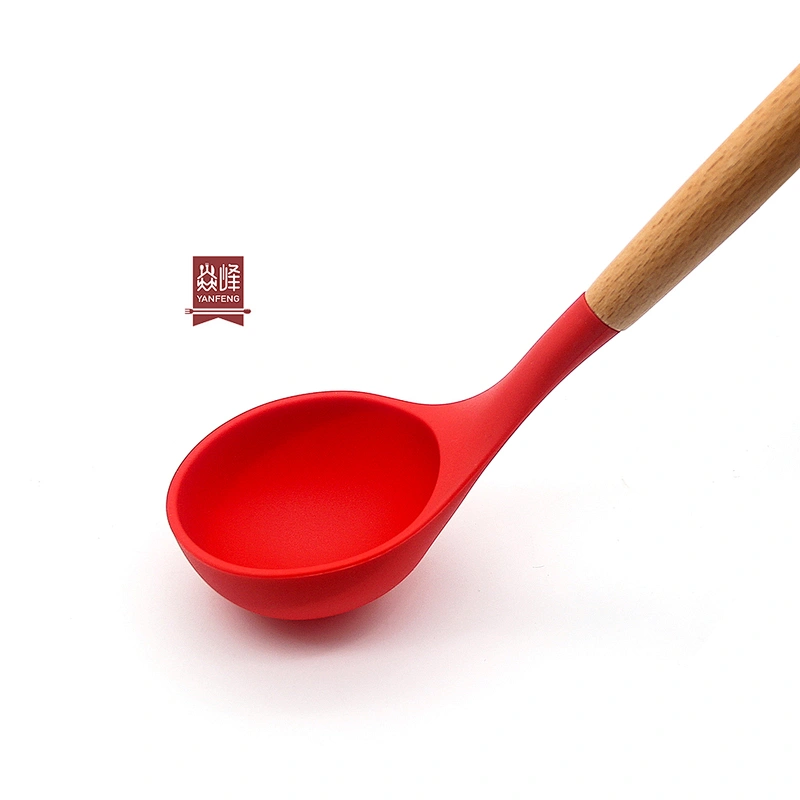 Heat Resistant Kitchen Tool Silicone Kitchen Soup Ladle with Wood Handle for kitchen silicone soup ladle spoon