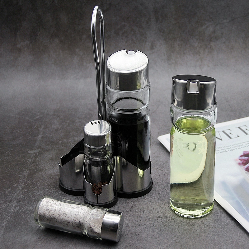 BBQ Mini Salt and Pepper Grinder Set Adjustable 5in 1 Spice Mill Set with plastic Base glass bottle Cooking Gadget