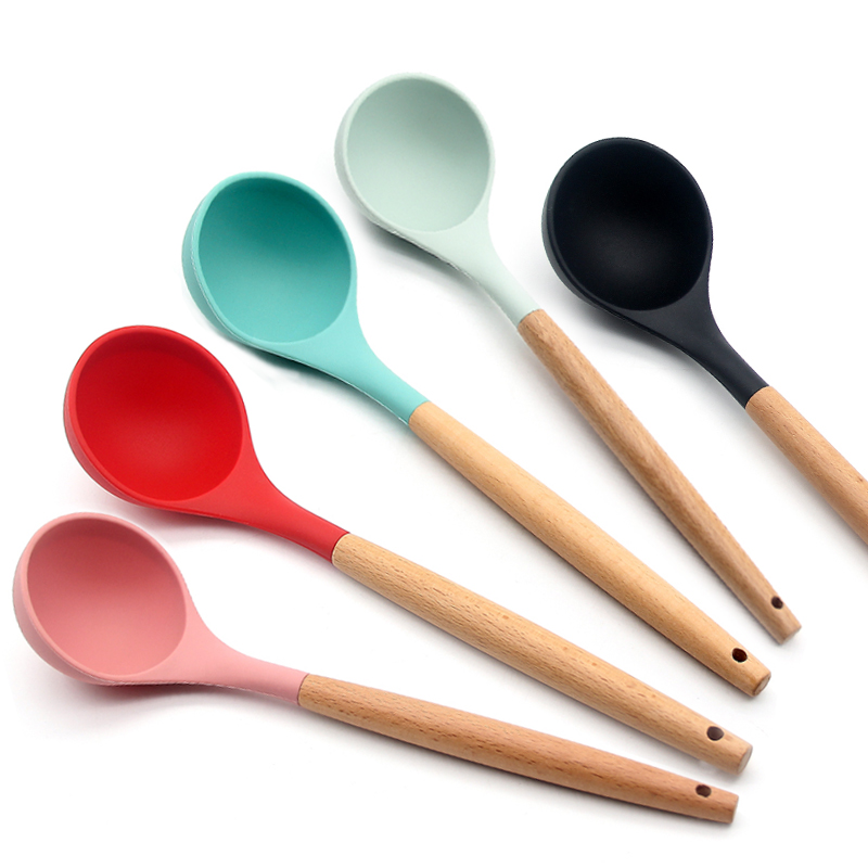 Heat Resistant Kitchen Tool Silicone Kitchen Soup Ladle with Wood Handle for kitchen silicone soup ladle spoon