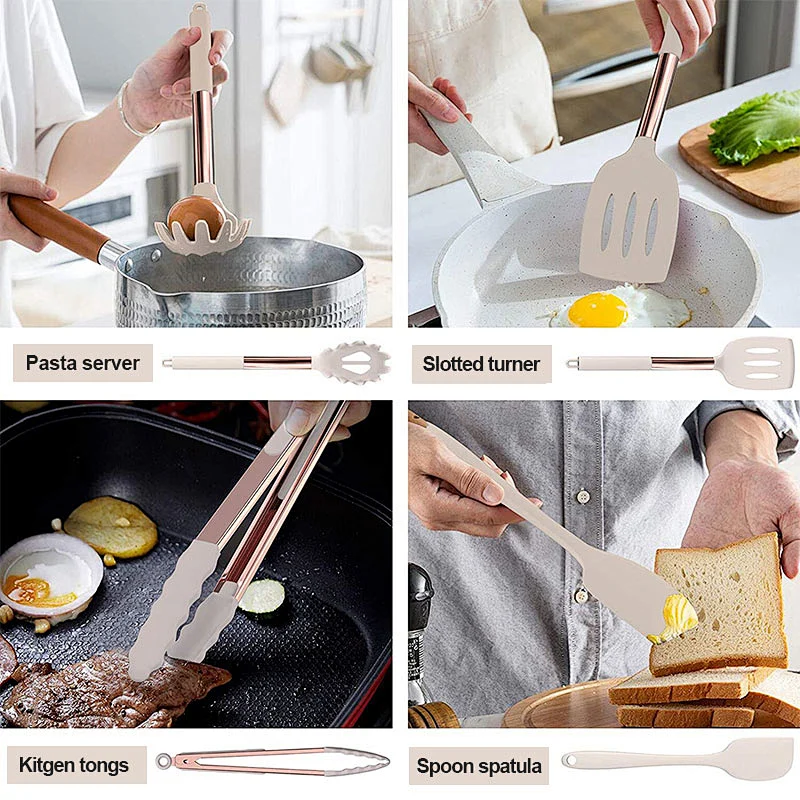 24pcs Silicone Kitchen Utensils Set Non stick Kitchen Cookware set with Stainless Steel Handle Silicone Cooking Utensil Set