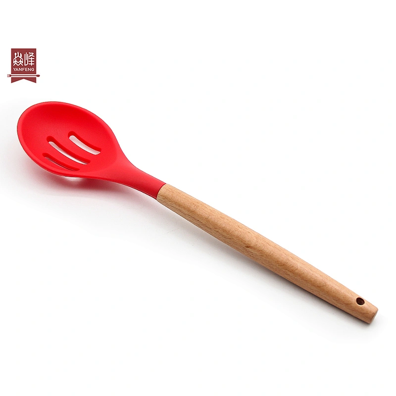 hot sale ultra heat resistant food grade silicone kitchen silicone slotted spoon with beech handle