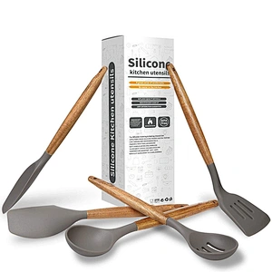 5 Pieces Silicone Cooking Utensils set Kitchen Gadgets Non Stick Silicone Kitchen Utensils Set with Wood Handle
