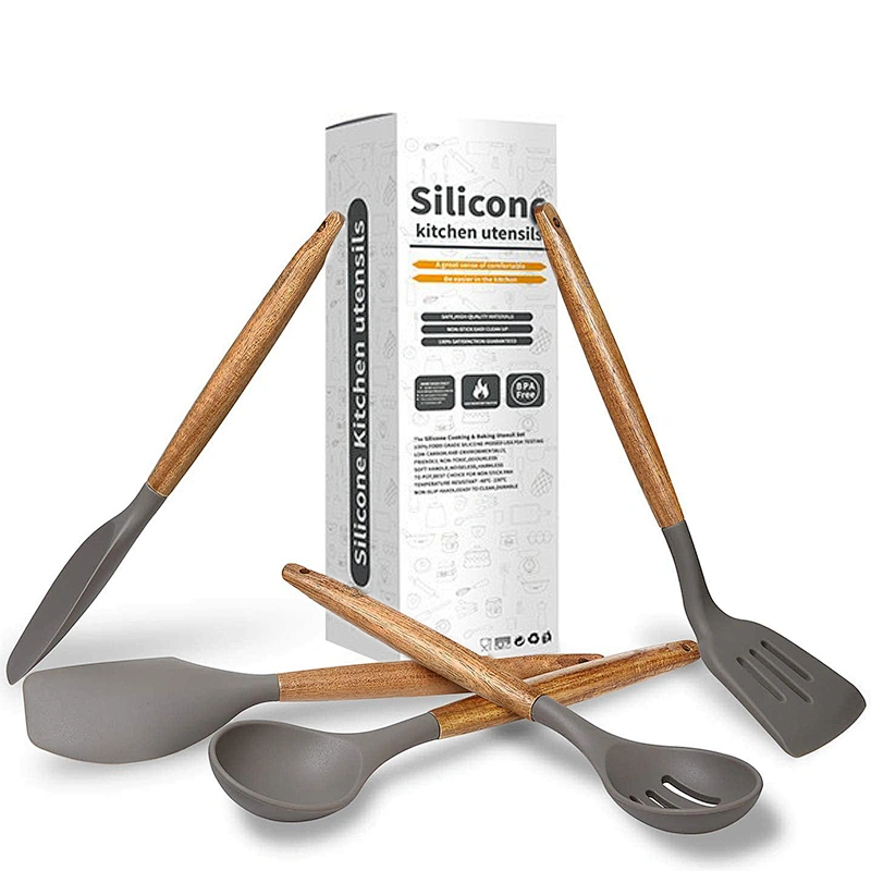 5 Pieces Silicone Cooking Utensils set Kitchen Gadgets Non Stick Silicone Kitchen Utensils Set with Wood Handle