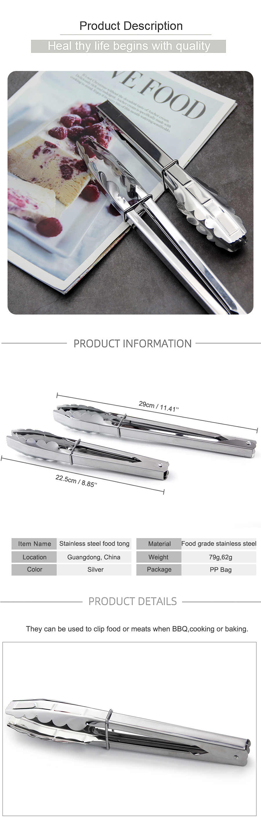 stainless steel food tong
