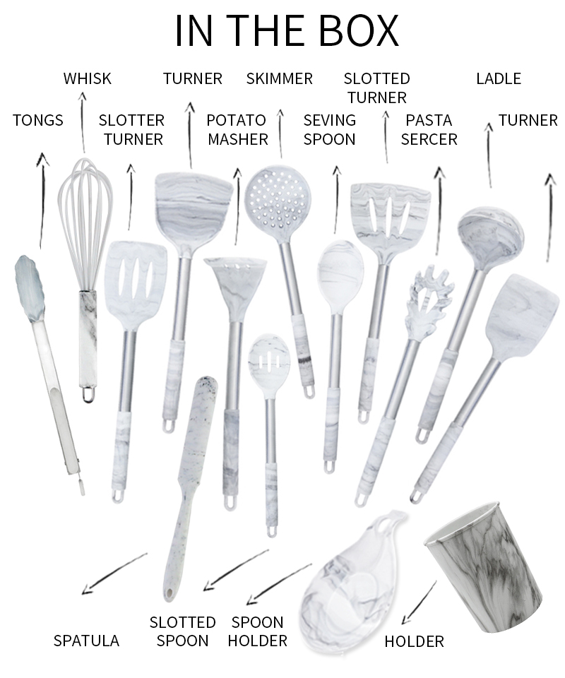 YF cookware food grade silicone kitchen utensils with stainless steel handle multi functional marble 15pcs kitchen utensils set