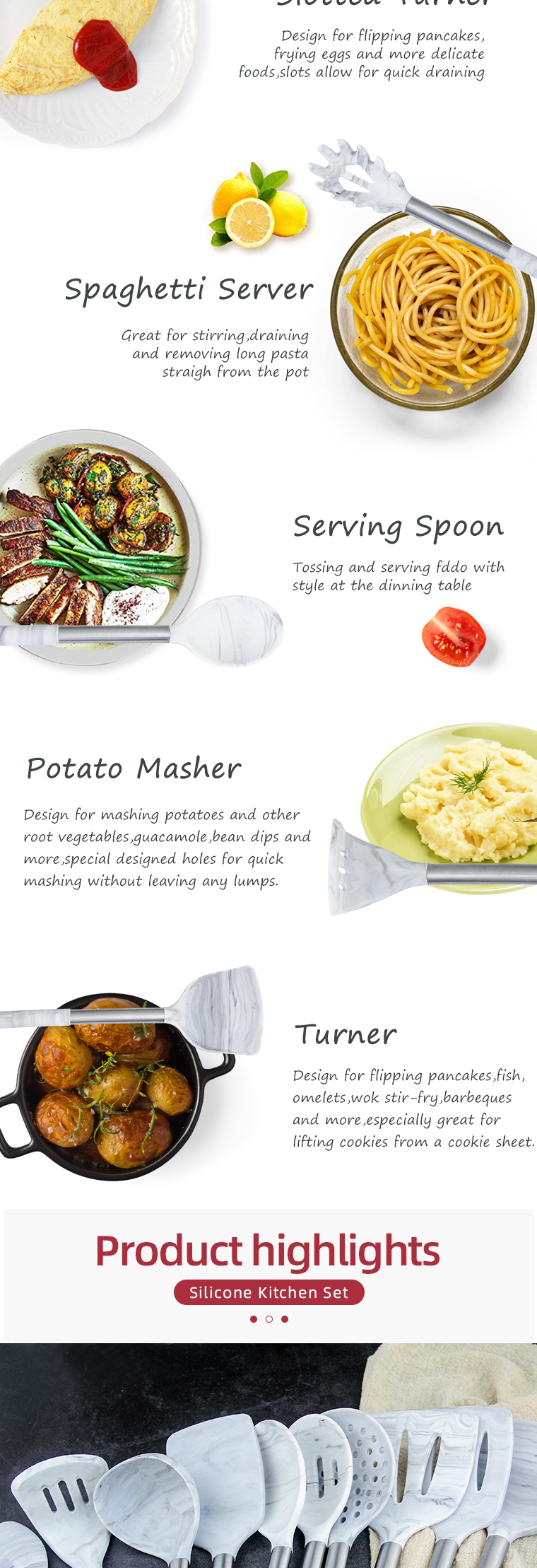 YF cookware food grade silicone kitchen utensils with stainless steel handle multi functional marble 15pcs kitchen utensils set