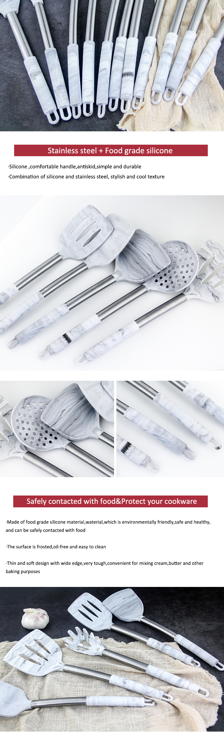 YF cookware food grade silicone kitchen utensils with stainless steel handle multi functional marble 15pcs kitchen utensils set