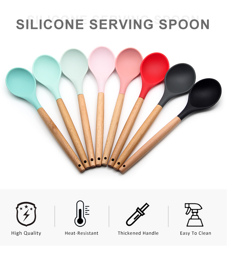 OEM color simple durable food grade Kitchen silicone serving spoon with beech handle