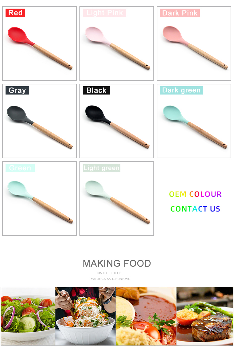 OEM color simple durable food grade Kitchen silicone serving spoon with beech handle