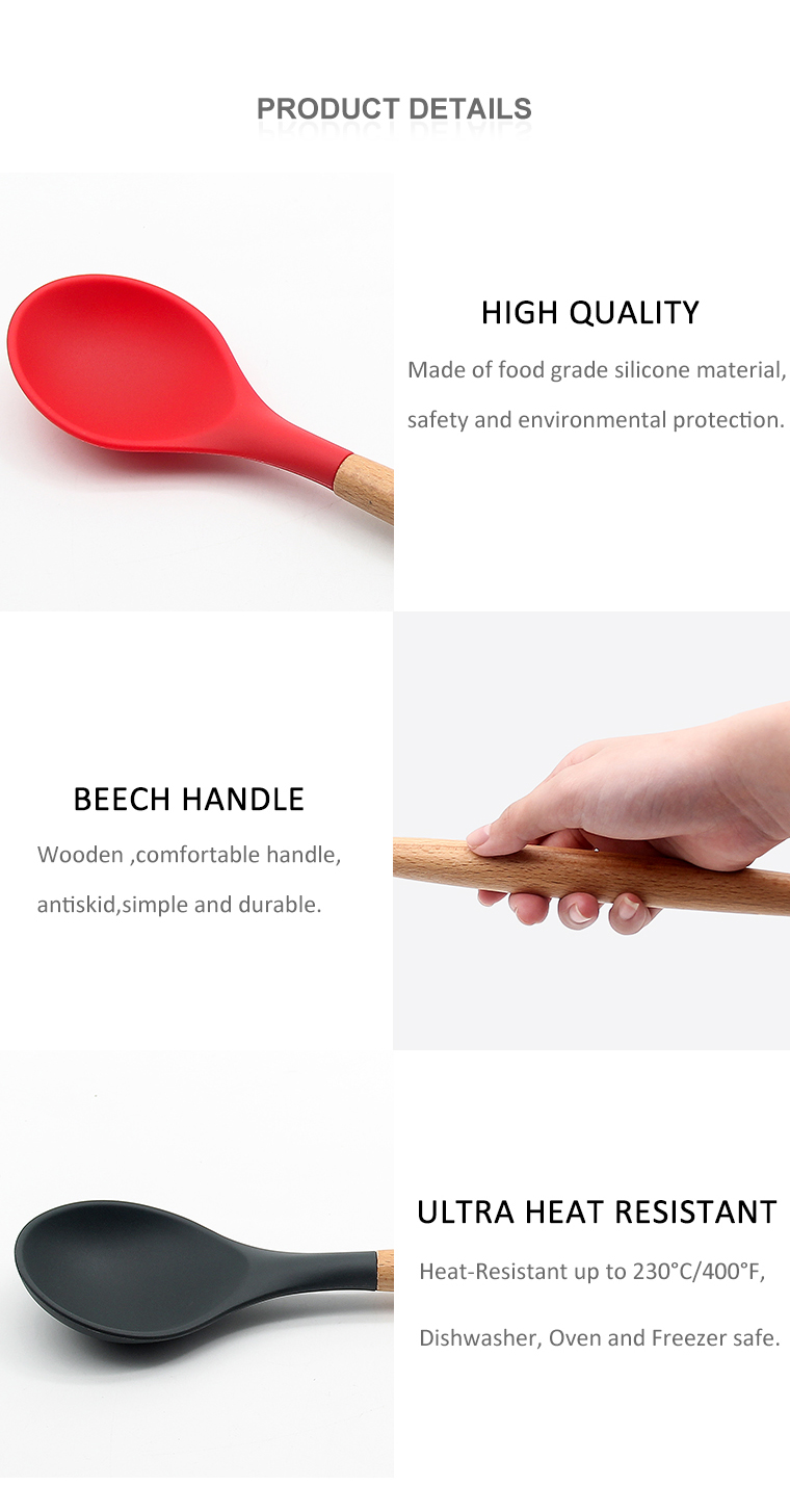 OEM color simple durable food grade Kitchen silicone serving spoon with beech handle
