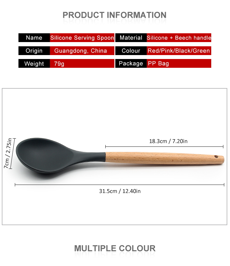 OEM color simple durable food grade Kitchen silicone serving spoon with beech handle