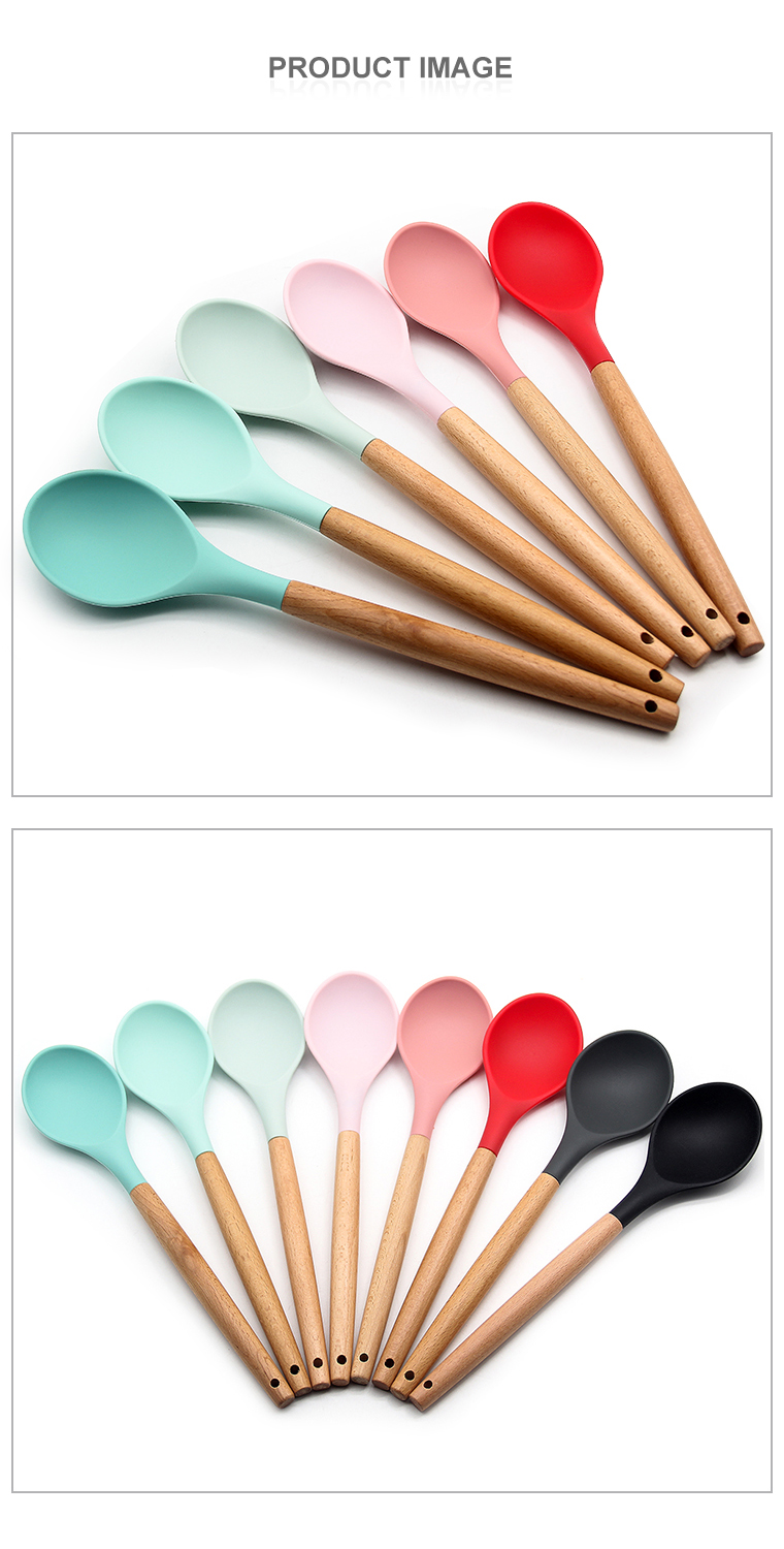 OEM color simple durable food grade Kitchen silicone serving spoon with beech handle