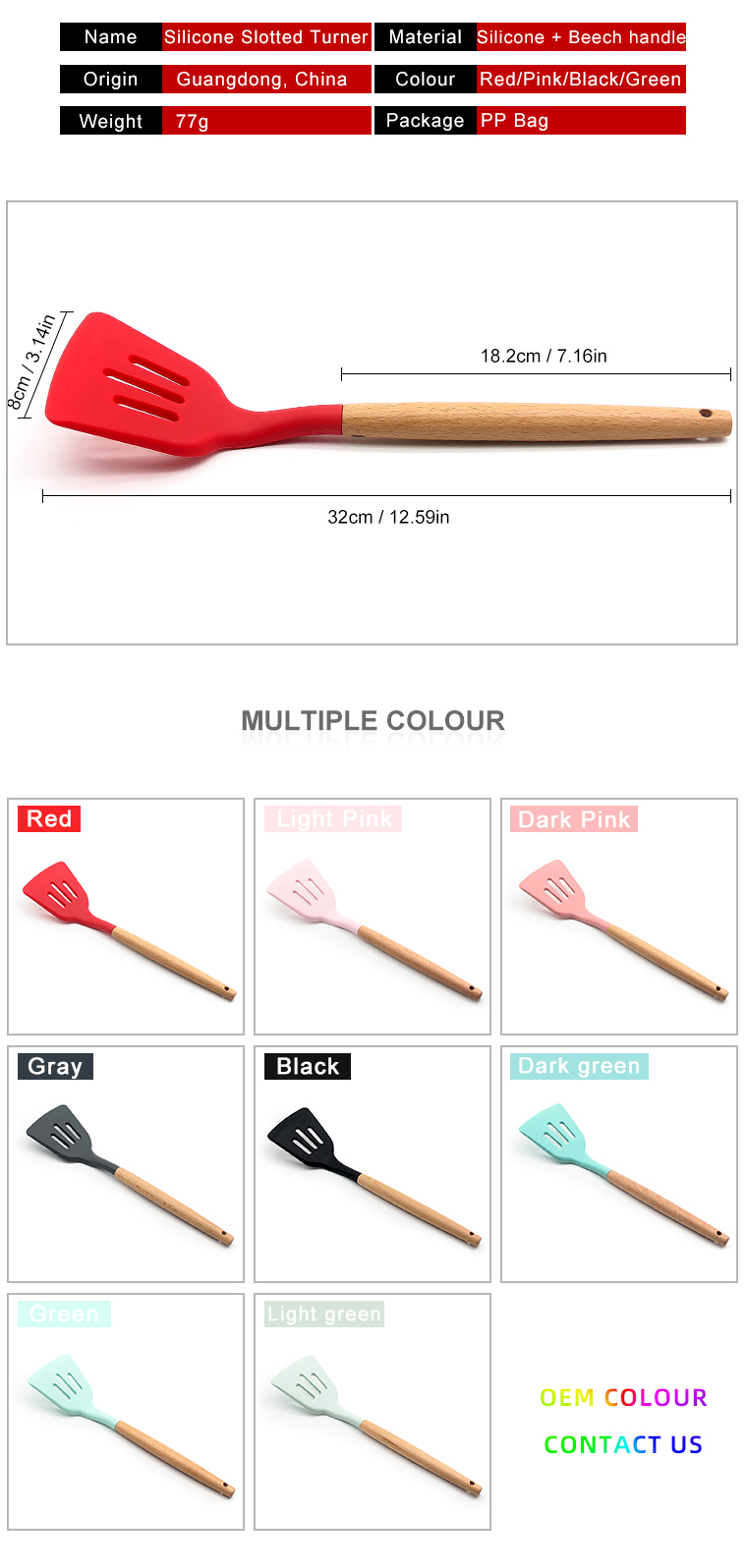 Ready To Ship high quality durable food grade Kitchen silicone slotted turner with beech handle