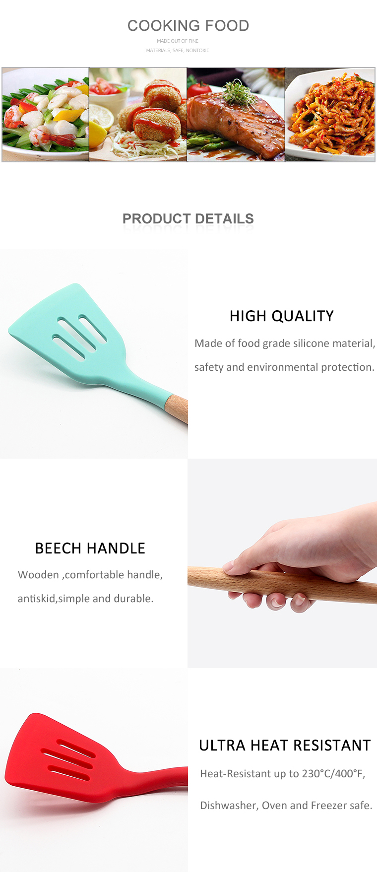 Ready To Ship high quality durable food grade Kitchen silicone slotted turner with beech handle