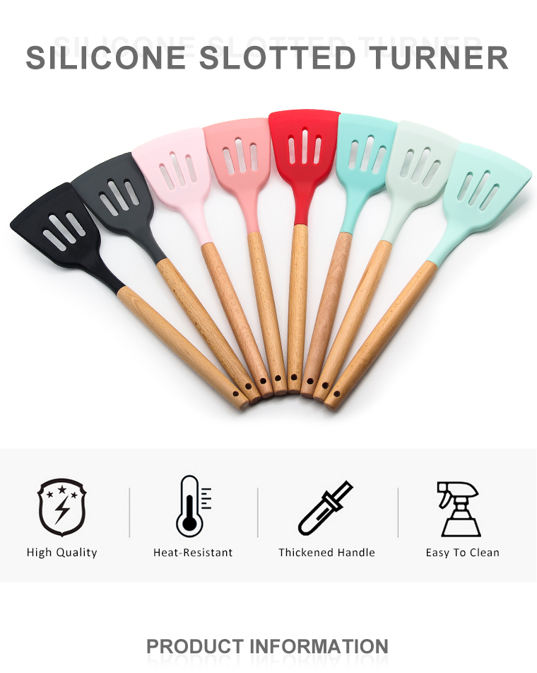 Ready To Ship high quality durable food grade Kitchen silicone slotted turner with beech handle