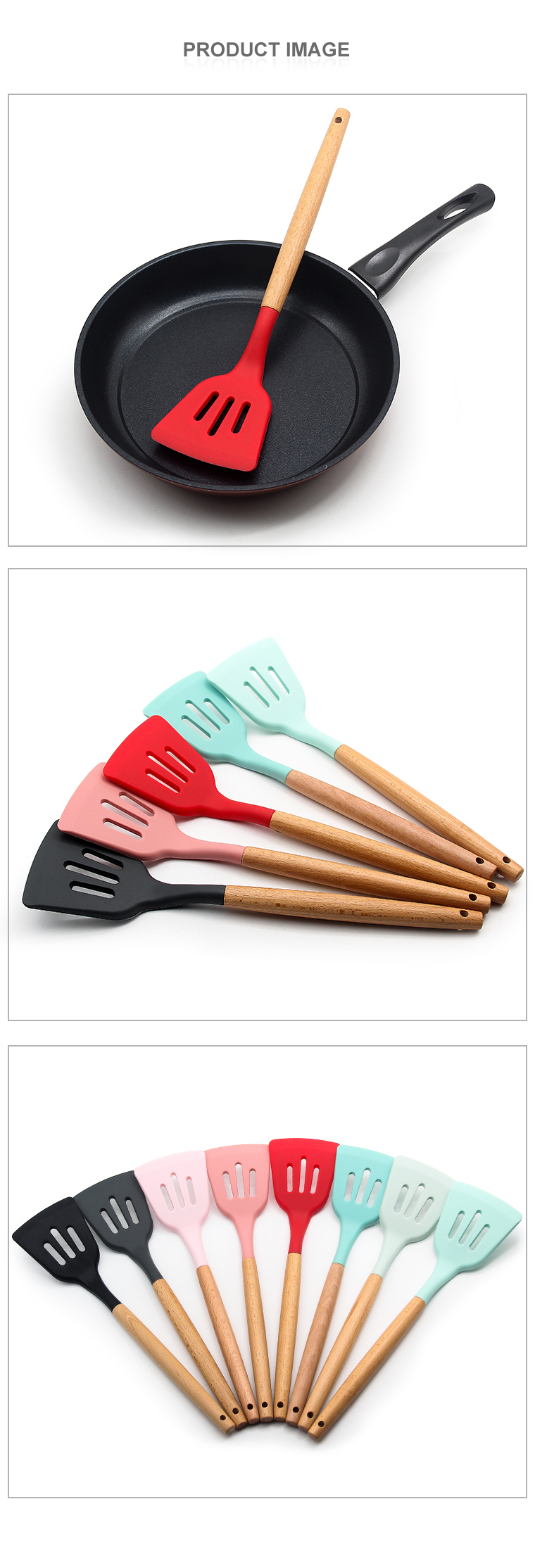 Ready To Ship high quality durable food grade Kitchen silicone slotted turner with beech handle