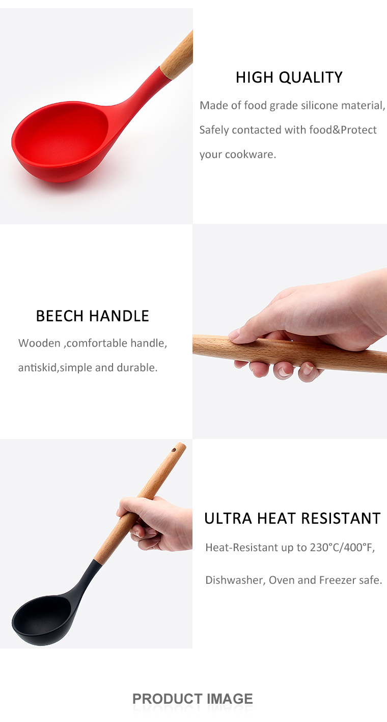 Heat Resistant Kitchen Tool Silicone Kitchen Soup Ladle with Wood Handle for kitchen silicone soup ladle spoon