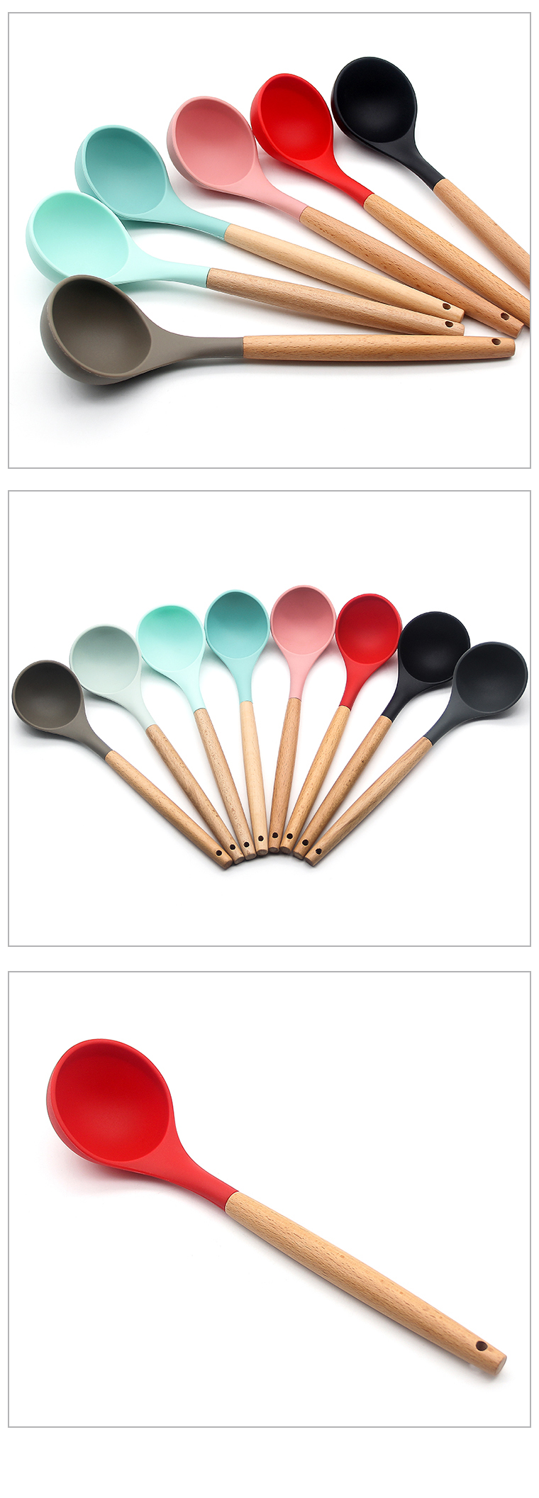 Heat Resistant Kitchen Tool Silicone Kitchen Soup Ladle with Wood Handle for kitchen silicone soup ladle spoon