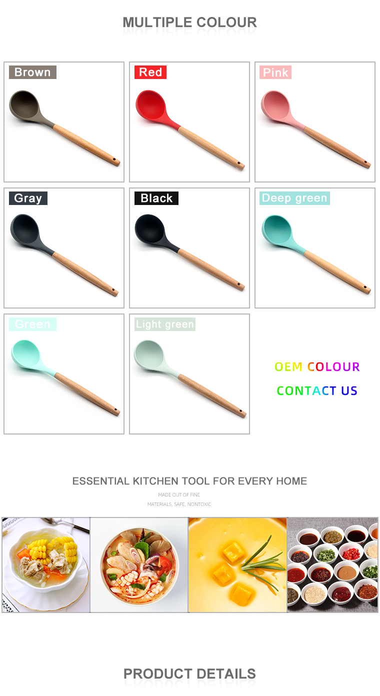 Heat Resistant Kitchen Tool Silicone Kitchen Soup Ladle with Wood Handle for kitchen silicone soup ladle spoon