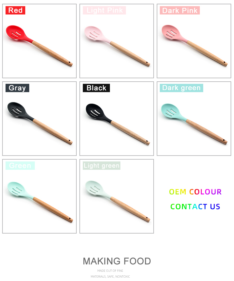 hot sale ultra heat resistant food grade silicone kitchen silicone slotted spoon with beech handle