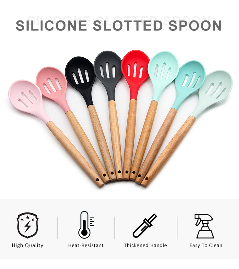hot sale ultra heat resistant food grade silicone kitchen silicone slotted spoon with beech handle