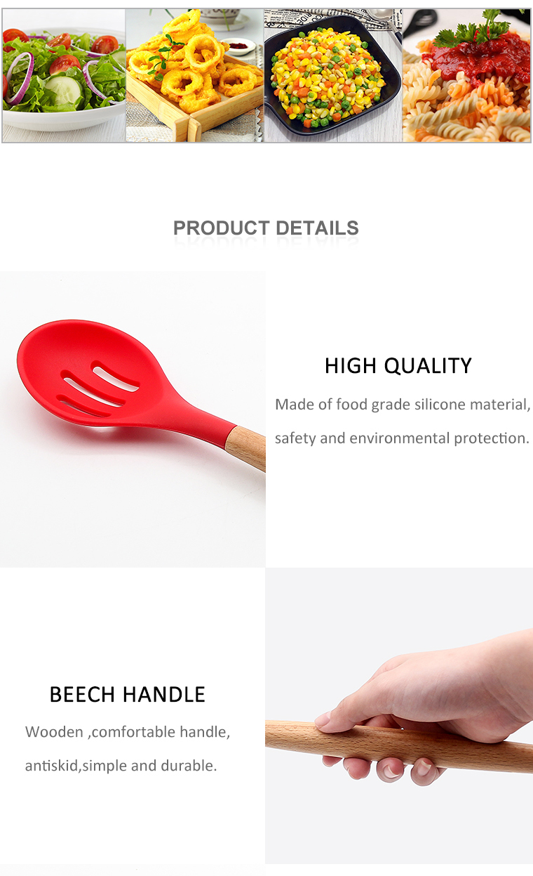 hot sale ultra heat resistant food grade silicone kitchen silicone slotted spoon with beech handle
