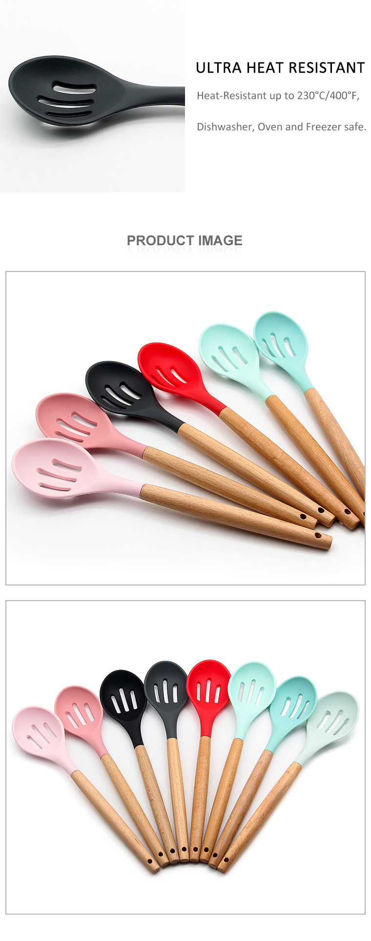 hot sale ultra heat resistant food grade silicone kitchen silicone slotted spoon with beech handle