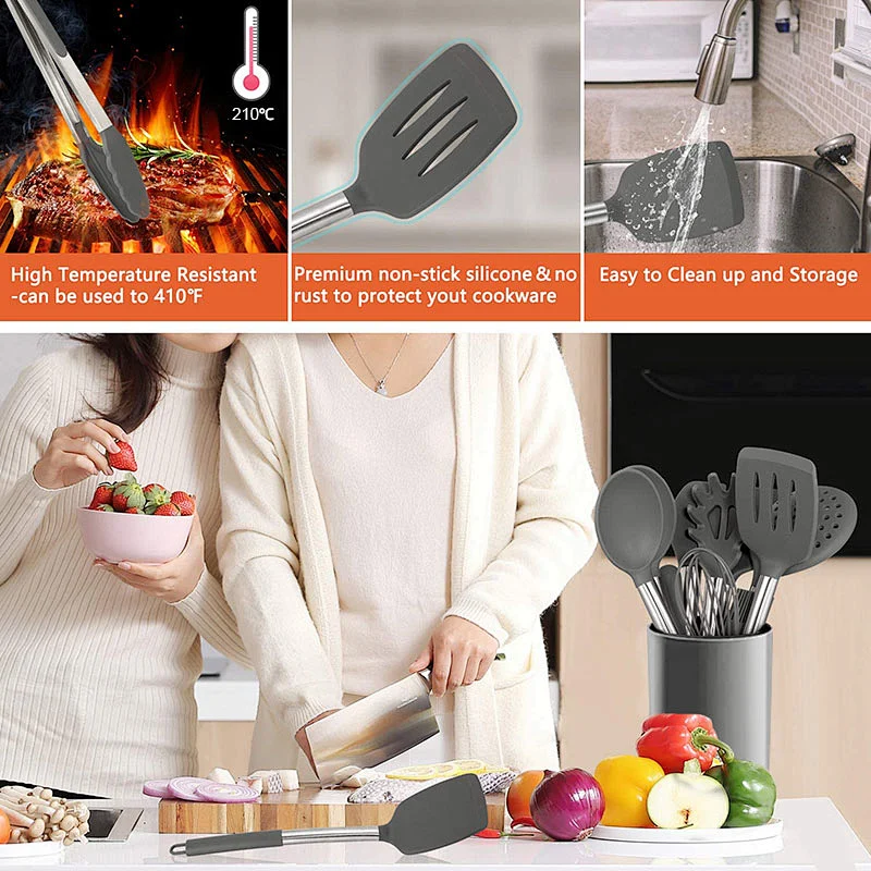 17 Pcs Kitchen Utensils Set Heat Resistant Silicone Cookware set Silicone Cooking Utensil Set with Stainless Steel Hander
