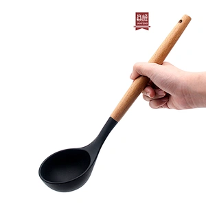 Heat Resistant Kitchen Tool Silicone Kitchen Soup Ladle with Wood Handle for kitchen silicone soup ladle spoon