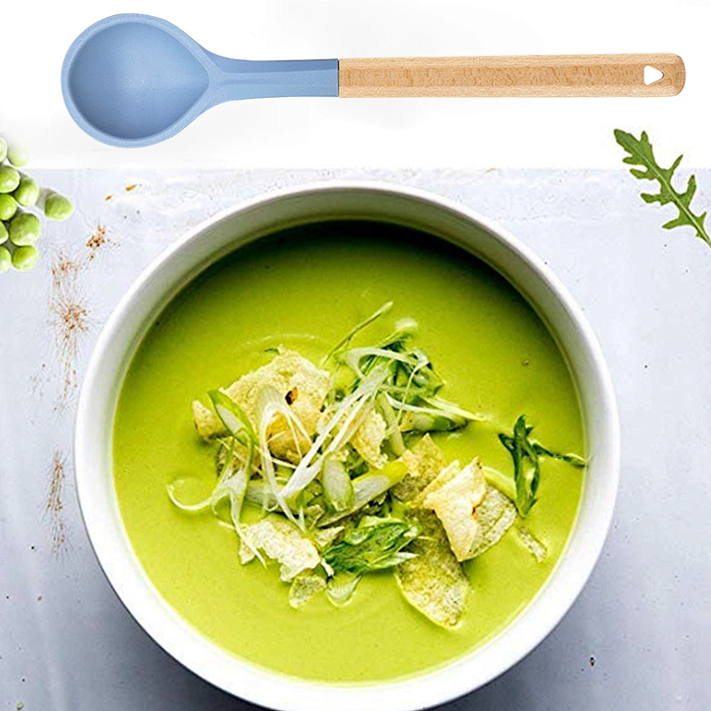 3 Color Food Grade Silicone wood handled Soup Spoon Kids Spoon Kitchen Silicone Spoon Flatware Utensils Accessories