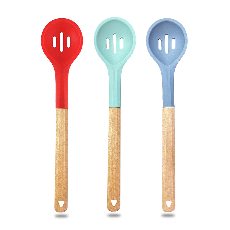 2022 Heat Resistant Non Stick Cooking Utensil Mixing spoon Silicone Wood Handle Kitchen Slotted Spoon