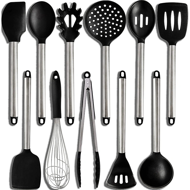 11 pcs kitchen cooking set silicone kitchen accessories gadget Silicone Kitchen Utensils Set with Stainless Steel Handles