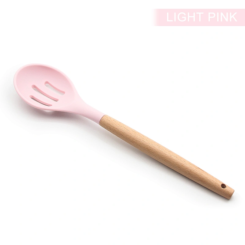 hot sale ultra heat resistant food grade silicone kitchen silicone slotted spoon with beech handle