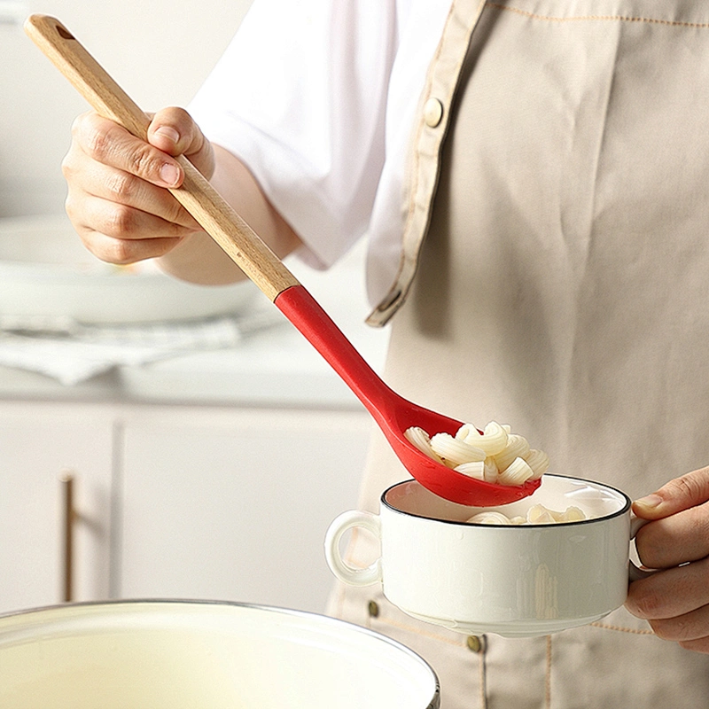 2022 Heat Resistant Non Stick Cooking Utensil Mixing spoon Silicone Wood Handle Kitchen Slotted Spoon