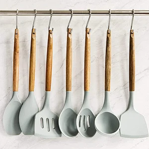 8 pcs Silicone Kitchen Utensil Set Silicone Kitchen Accessories Cooking Utensils Set With Natural Acacia Wooden