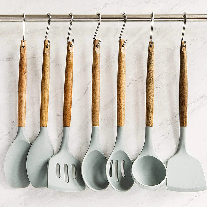 8 pcs Silicone Kitchen Utensil Set Silicone Kitchen Accessories Cooking Utensils Set With Natural Acacia Wooden