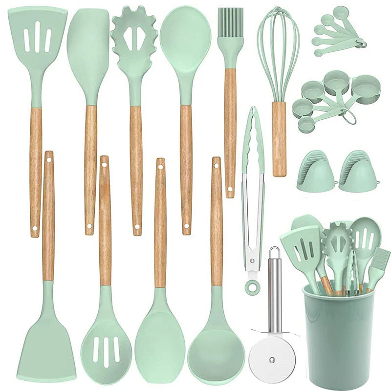 26 Pcs Kitchen Utensils Cooking Utensils Set Heat Resistant Kitchen Gadgets Silicone Cooking Utensil Set with Wooden Handle